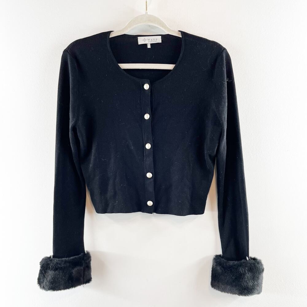 Wayf Long Sleeve Button Front Cropped Cardigan with Faux Fur Cuffs Black Medium - Picture 3 of 9